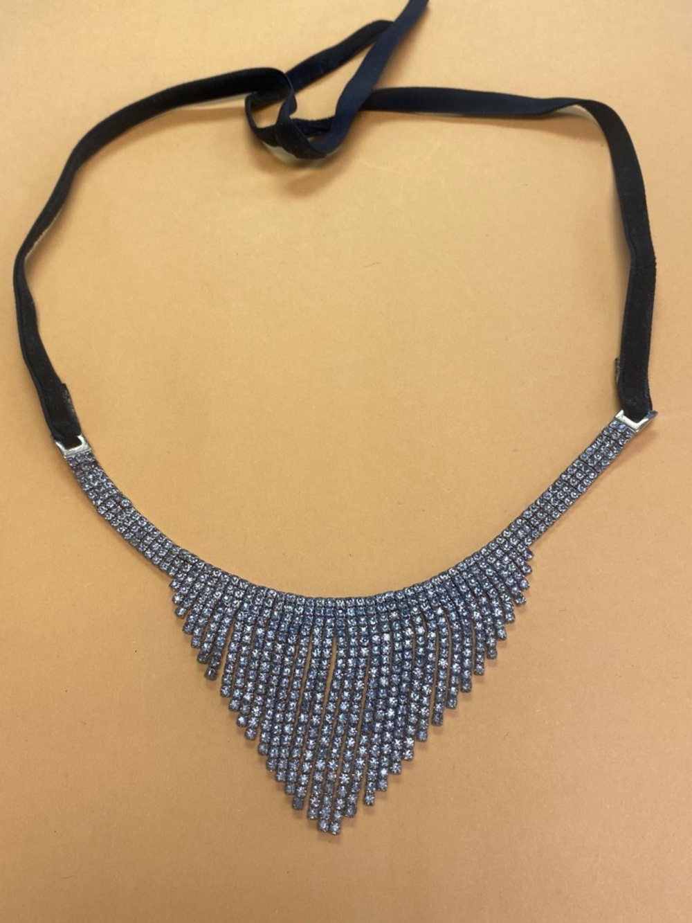 Vintage Crystal Fringe Bib Necklace - Black velvet Ribbon